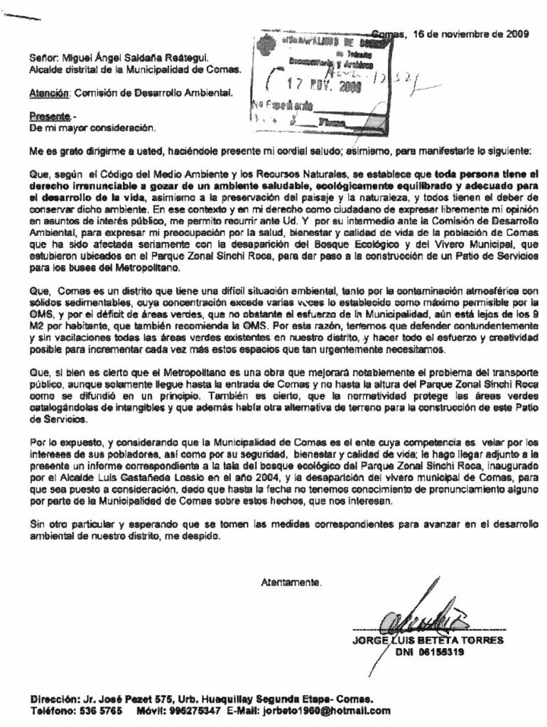 Carta a la Municipalidad de Comas dirigida por el vecino Jorge Luis Beteta